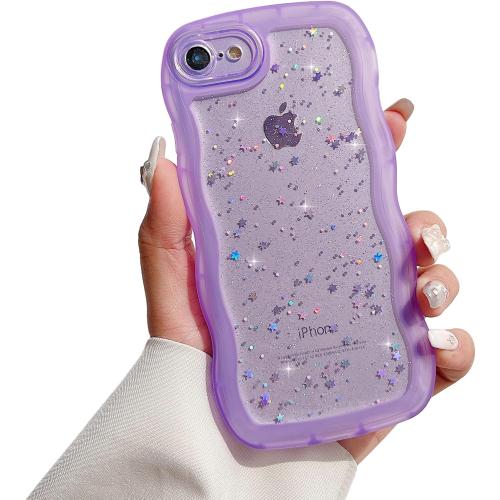 Compatible with iPhone 7/8,iPhone SE 2020/SE 2022 Case for Girls Women,Cute Clear Sparkly Bling Star Design Curly Simple Wave Case Shockproof Protective Slim Soft TPU Glitter Cover-Purple