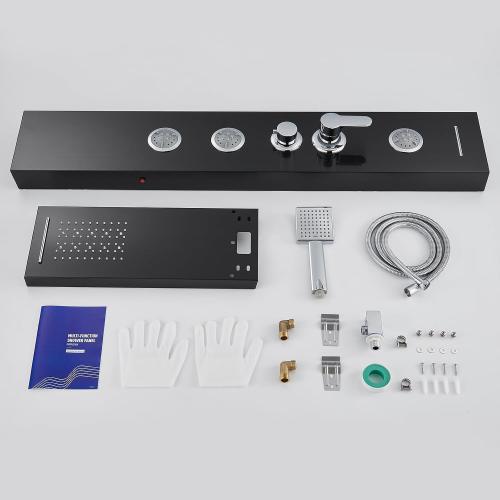 Multi-Function LED Lights Shower Panel System Black, 5 in 1 Shower Panel Include Rainfall & Waterfall Shower Head, 3 Pcs Adjustable Massage Jets, Handheld Shower, Tub Spout