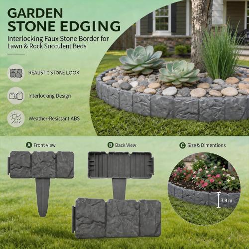 Imitation Stone Garden Fence Edging, Interlocking Plastic Landscape Border Panels for Flower Bed Lawn Path Yard Decor (Black,10pcs)