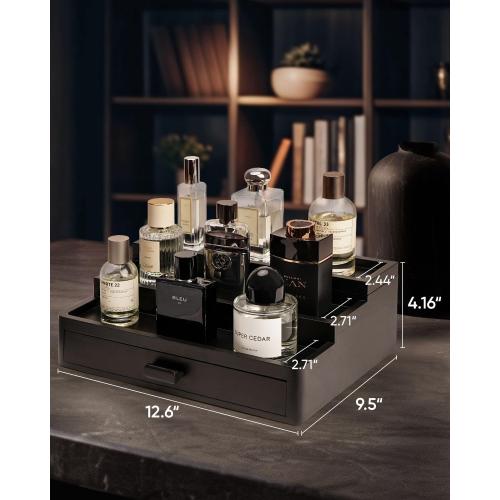 Cologne Organizer for Men, 3 Tier Wooden Cologne Stand with Drawer Storage and Hidden Compartment, Perfume Display Holder for Dresser, Great Gifts for Men and Women Valentine, Black