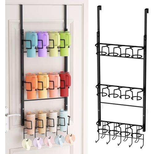 3-Tier Water Bottle Organizer - Over the Door Stanley Cup Holder - Cup Rack with Hooks for Door or Wall Mount Option- Tumbler Organizer Storage Display for Kitchen Dorm Office RV, Black