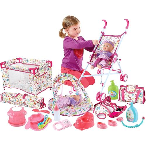 deAO Baby Doll Stroller Nursery Pretend Play Toy Set with Play Mat,Doll Bed