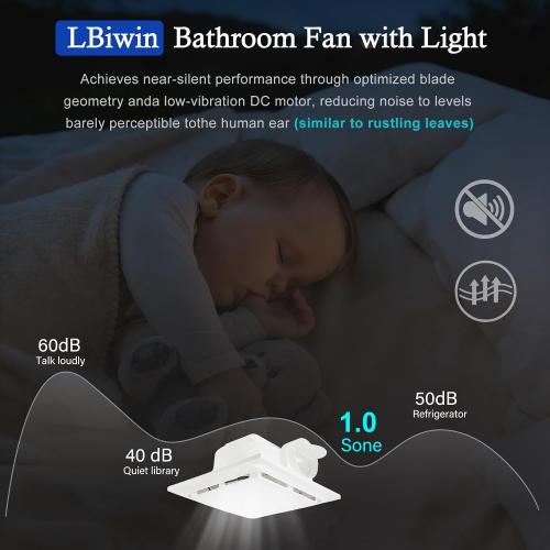Bathroom Exhaust Fan with LED Light 125 CFM, 9.5 Panel, 0.7 Sone Low Noise，Cutout Size 8x8，Duct 4 Inch Quiet Bath Ceiling Vent Fan Combo with 6500K 1200LM LED Light, for Bathroom, Laundry, Shower