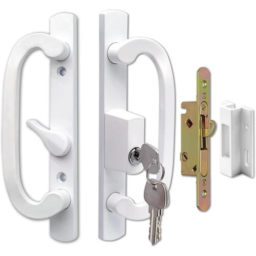 Sliding Glass Door Handle Set Replacement with Keyed Lock, 3-15/16 Screw Hole Spacing, Reversible Non-Handed Patio Door Handles, Aluminum Pull, Fits 1-3/8 to 2 Thick Doors (White, FullSet)