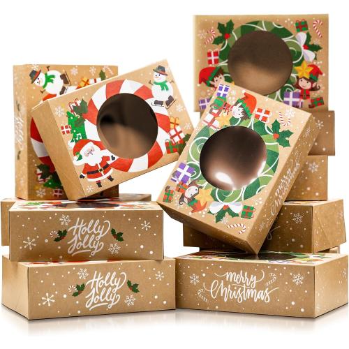 Christmas Cookie Boxes for Gift Giving - 12 Kraft Christmas Cookie Tins With Lids - Sturdy Christmas Treat Boxes, Christmas Tins - Festive Christmas Cookie Box Packaging - Cookie Boxes with Window