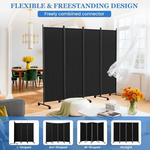 Room Divider 6FT Folding Privacy Screens with Lockable Wheels, 4 Panel Room Partition for Room Separator, 88 W Freestanding Portable Fabric Wall Dividers for Home Dorm Studio Office, Black