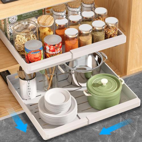 2 Pack Pull Out Cabinet Organizers Expandable, Plastic Slide Out Drawers for Kitchen, Bathroom, Pantry, Under Sink Storage, Pull Out Drawers Fixed with Adhesive Nano Film (White, 11.6''-17.5'')