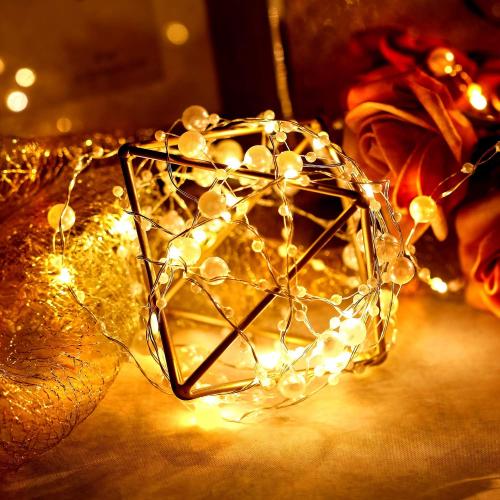Ocean Pearl Beads String Lights, 10 ft 40 LED Lights Battery Powered with 8 Flicker Modes, Remote and Timer for Wedding, Bridal Shower, Birthday Parties, New Year, DIY Home Table Party Decoration
