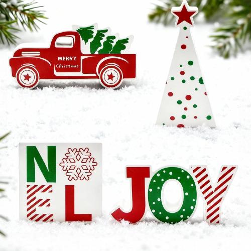 4 Pcs Christmas Table Decorations Indoor Wooden Red Truck Winter Tiered Tray Decor Rustic Merry Christmas Tree NOEL JOY Centerpiece Gift Farmhouse for Home Kitchen Shelf