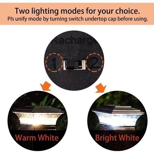 HUYIENO Solar Post Cap Lights Outdoor LED Lighting Deck Fence Cap Light Two Light Modes Warm White/Bright White Suitable for 4x4 Wooden Posts Black 2PK
