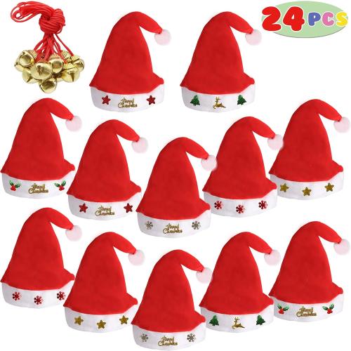 12 Fancy Christmas Santa Hats with 12 Jingle Bell Necklaces Bulk for Christmas Party Favor Photo Booth; One Size Fits All.