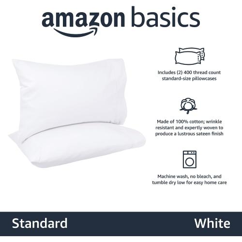 Amazon Basics 400 Thread Count 100% Cotton Pillowcases, Sateen Weave, Wrinkle Resistant, Standard Size, 20 x 30, White, Set of 2, Pillows Not Included
