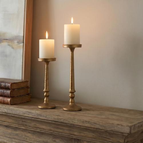 BANOMII Vintage Iron Pillar Candle Holders Set of 2, Antique Brass Gold