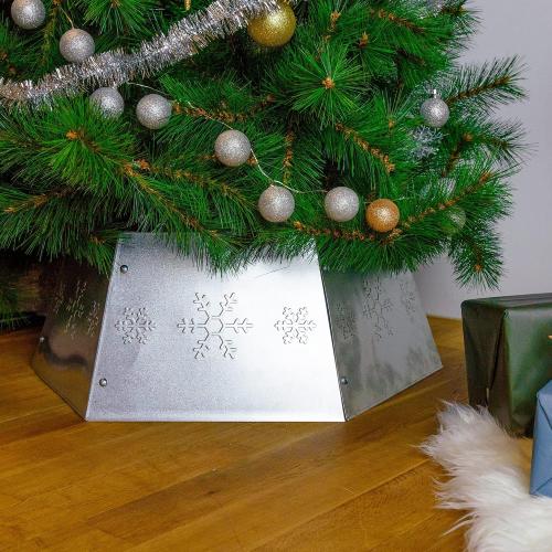 FORUP Metal Christmas Tree Ring with Printed Snowflake, Tree Skirt Base Stand for Tree Decorations (Silver)