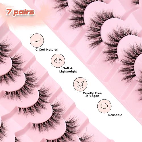 Lashes Natural Cat Eye Lashes Wispy Eyelashes 15mm False Eyelashes Wispy Lash Strips 3D Volume Fake Eyelash Thin Cotton Band Soft Eye Lash Pack 7 Pairs Siligli