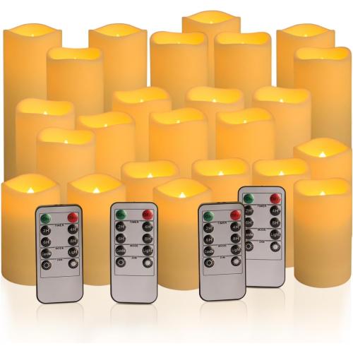 YOROXRG Set of 24 Waterproof Outdoor Flameless Candles, LED Candles with 4 Remote and Timer,(H 4 5 6 x D 2.2),for Christmas,Halloween,Wedding,Festival