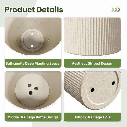 Tall Planters for Outdoor Plants Set of 2 - Fluted Large Outdoor Planters for Front Porch Decor with Drainage Hole, Plastic Round Flower Pots Fits Indoor Plants Patio/Garden, Beige