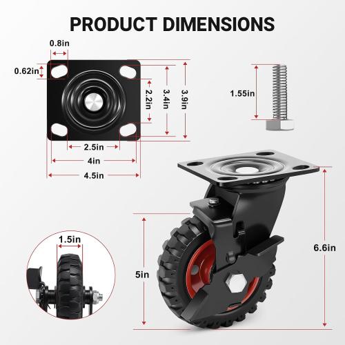 5 Inch Outdoor Heavy Duty Casters Wheels Set of 4, Sturdy Large Rubber Casters with Brake, Industrial Grade Plate Swivel Castors 1080 LBS with Knobby Tread for Workbench, Cart, Chicken Coop