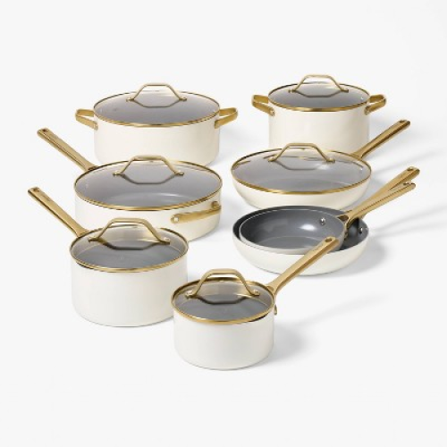 8qt Nonstick Ceramic Coated Aluminum Wide Stock Pot with Champagne Handle Cream - Figmint
