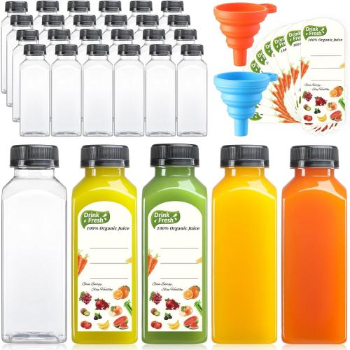 24 PACK, 12 OZ Reusable Thicker Plastic Juice Bottles with Caps, Leakproof