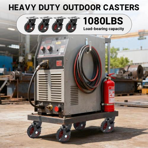 5 Inch Outdoor Heavy Duty Casters Wheels Set of 4, Sturdy Large Rubber Casters with Brake, Industrial Grade Plate Swivel Castors 1080 LBS with Knobby Tread for Workbench, Cart, Chicken Coop