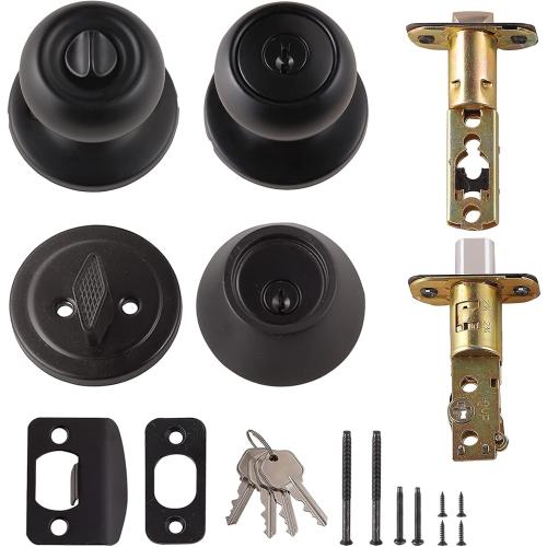 Amazon Basics Exterior Door Knob with Key Lock and Deadbolt, Keyed Alike, Coastal, Matte Black