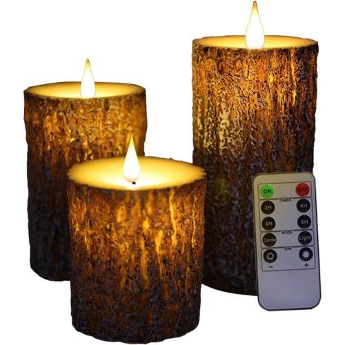 NICEME LED Pine Bark Flameless Candles Set of 3 Real Wax Battery Operated Candles Flickering Teardrop Wick Electric Decorative Pillar Bark Candles with Remote Timer, D3 x H4 5 6