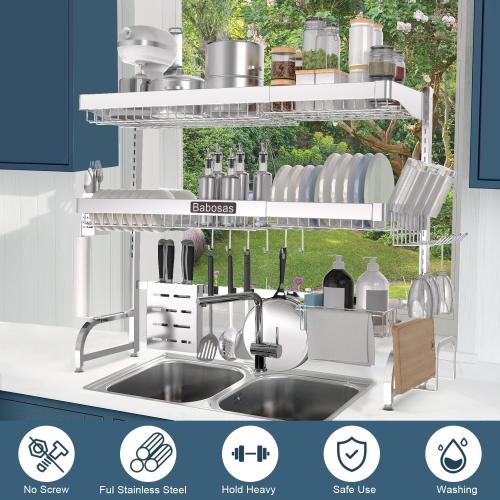 Over The Sink Dish Drying Rack,3 Tier Adjustable Length (25.5'' to 37.4'') Full Stainless Steel Large Storage Kitchen Dish Rack,For Kitchen Counter Expandable Multifunctional Organizers,Silver