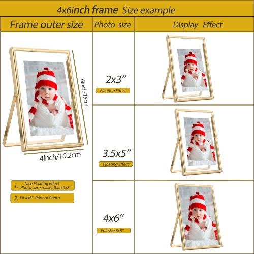 Gold 4x6 Floating Frame 2pack for picture(2x3'',3.5x5''),Adjustable Tabletop/Shelf floating Photo Frame 2x3'',Classy Metal Gift Frames for Wedding,Christmas,Birthady,Home or Office Decor.