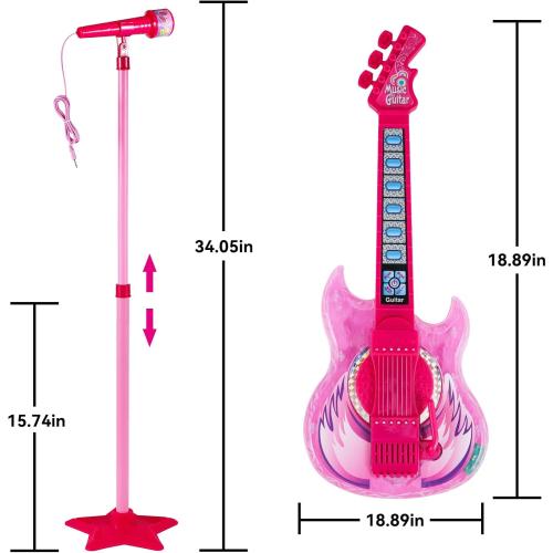 Guitar and Microphone Play Set for Girls,Karaoke Machine with Music&Light,Microphone Toys with Stand,Adjustable Height Guitar Toys for Kids,Toddlers,Child(Red)