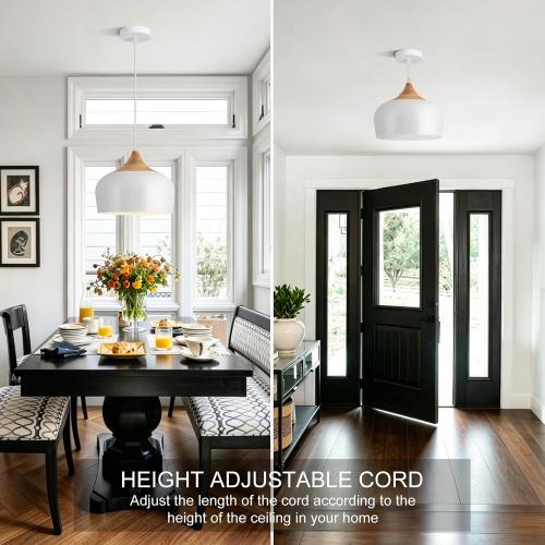 11.8 White Pendant Light with Solid Wood, Adjustable 12-80