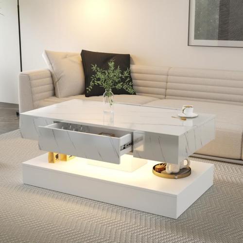 Polibi 16.93IN High LED Coffee Table with Remote Control - RGB Color Changing Light, Storage Drawer, Modern Design for Living Room, Farmhouse & Office, White