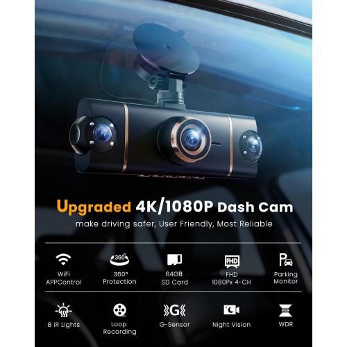 4K Dash Cam Front and Rear, WiFi Dash Camera for Cars with App