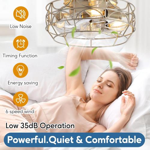 Nickel Caged Ceiling Fans with Lights and Remote,6 Speeds,12 inch Industrial Flush Mount Ceiling Fan with Light, Modern Bladeless Fan Lights Ceiling Fixtures for Kitchen, Bedroom,Indoor
