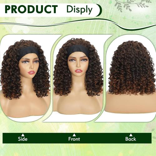 CINHOO Deep Curly Brown Headband Wigs for Black Women 12inch Short Deep Chocolate Brown Base with Gradual Warm Caramel Brown Highlights & Tips Headband Wig for Women Curly Half Wigs with Headbands