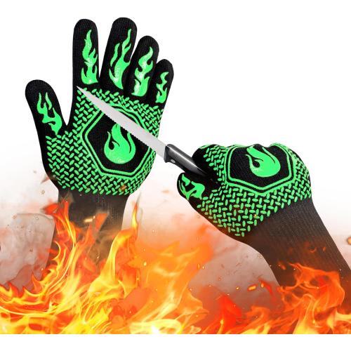 BBQ Fireproof Gloves, Grill Cut-Resistant Gloves 1472°F Heat Resistant Gloves, Non-Slip Silicone Oven Gloves, Kitchen Safe Cooking Gloves for Oven Mitts,Barbecue,Cooking, Frying,13.5 Inch-Green