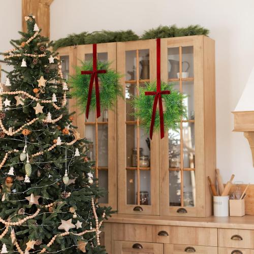 XunYee 4 Pack Small Christmas Wreath for Cabinet Home Kitchen Whimsical Decor with Velvet Bow 11 Persian Grass Lime Green Green Fern Mini Wreaths for Xmas Home Candle Window Chair Fence Decor