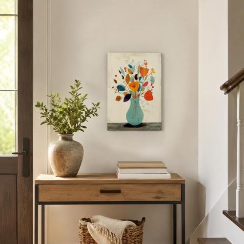 Abstract Floral Canvas Wall Art Framed Colorful Vase Home Decor 12x16 Inch