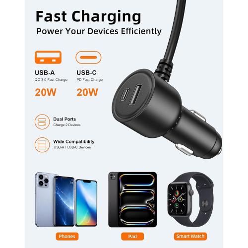 Dash Cam Power Cord USB C – 11.5FT Dashcam Power Adapter with Dual Ports Fast Charging, Compatible with Redtiger, Wolfbox, Vantrue and Most Dash Cameras