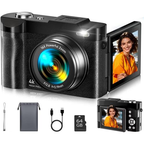4K Digital Camera for Photography- 48MP Autofocus Vlogging Camera with 2.8 180° Flip Screen, 16X Digital Zoom- Compact Point and Shoot Camera with 64GB SD for YouTube, Travel, Beginners