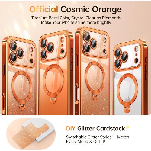 Offical Cosmic Orange for iPhone 17 Pro Max Case with 360 Spin Stand [DIY Glitter Cardstock] [Fit for MagSafe] 16FT Mil-Protection Polished for iPhone 17 Pro Max Case with Stand 6.9'', Cosmic Orange