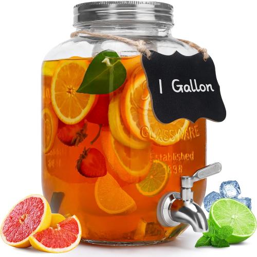 1 Gallon Glass Beverage Dispenser with Lid, Stainless Steel Spigot, Glass Drink Dispensers for Parties, Lemonade Dispenser With Ice Cylinder for Weddings, Party,Sun Tea Jar, Water Juice Dispensers