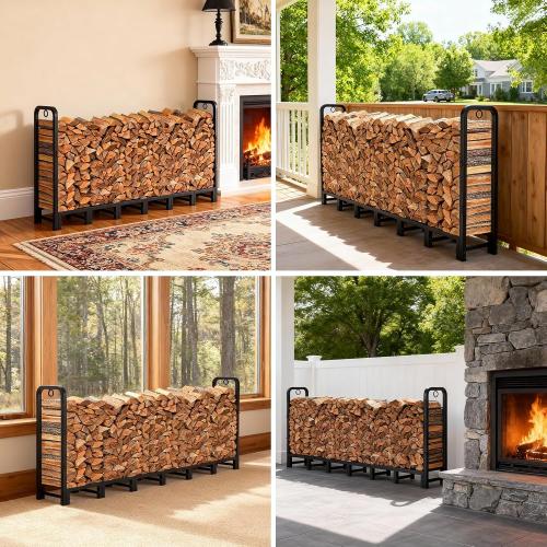 Garvee 8 ft Metal Firewood Rack, Adjustable Fire Wood Rack with 2 Lock Rings, Indoor Outdoor Log Holder, Heavy Duty Firewood Holder, Holds Up to 660 LB, Matte Black