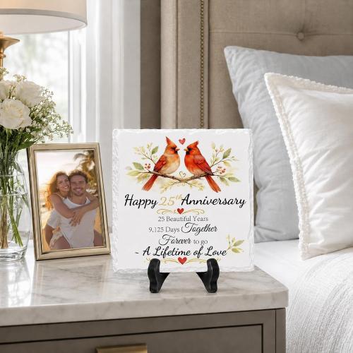 25th Anniversary Couple Gifts, Ceramic Anniversary Plaque with Stand