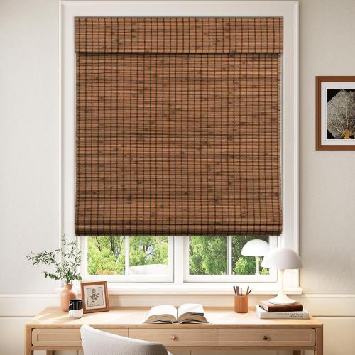 LazBlinds Cordless Blackout Bamboo Roman Shades, Room Darkening Blinds for Interior Windows, Thermal Insulated Roll Up Bamboo Blinds for Home & Patio, 29 W x 64 H, Penang Teak