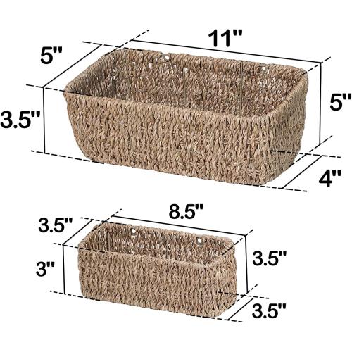 Ellinia Woven Hanging Wall Basket for Storage, Seagrass Woven Wall Mount Organizer Baskets, Wicker Wall Shelves for Mail Storage, Remote Control Holder, Toilet Tank Basket, Set of 2