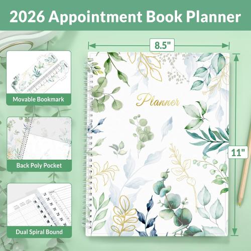 SUNEE 2026 Daily Planner,4-Person Group Appointment Book with Quarter-Hourly Layout. Weekly & One-Page-Per-Day Format, Jan to Dec 2026, 8.5x11,Weekly Planner, Flexible Cover, Note Pages, Bookmark,Greenery