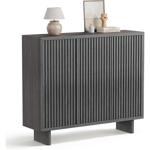 Garvee 46 Inch Shoe Cabinet with Fluted Door, 5-Tier Storage with 4 Adjustable Shelves, Rustic Entryway Shoe Bench for Hallway, Gray
