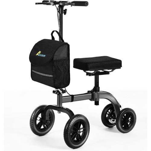 Collapsible All Terrain Knee Scooter for Adults for Foot Surgery, Adjustable Knee Walker Cart Scooters with Basket, Clearance Knee Crutchs Alternative for Broken Leg Ankle Injuries, Dual Brakes, Grey