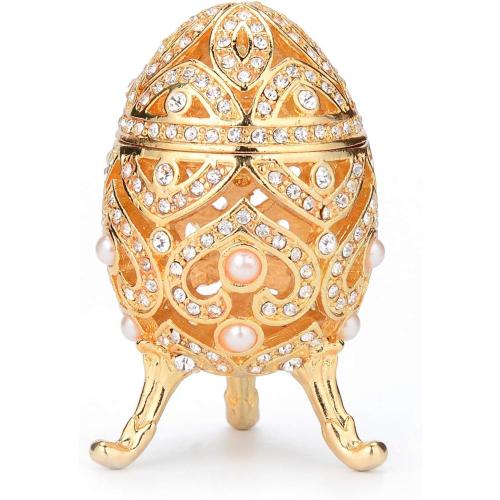 Faberge Egg Jewelry Trinket Box with Hinged Classic Hand-Painted Ornaments Metal Vintage Craft Gift for Home Decor, Gold